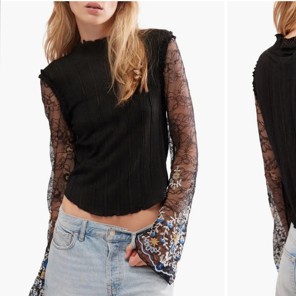 Free People Black Top with Lace Sleeves